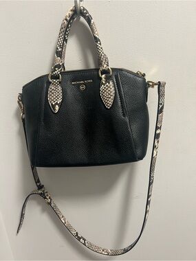 Michael Kors Black Pebbled Leather Satchel with Snake-Print Trim